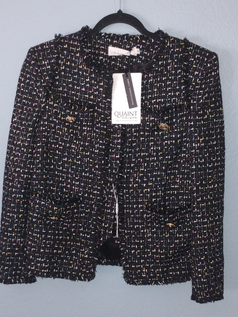 Black Tweed Frayed-Trim Cropped Blazer